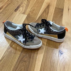 Steve Madden shoes: Camo/black/gold glitter/orange/tan